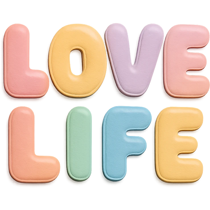 soft pastel rainbow rounded puffy letters for "Love Life", cute kawaii style, no border, transparent background emoji
