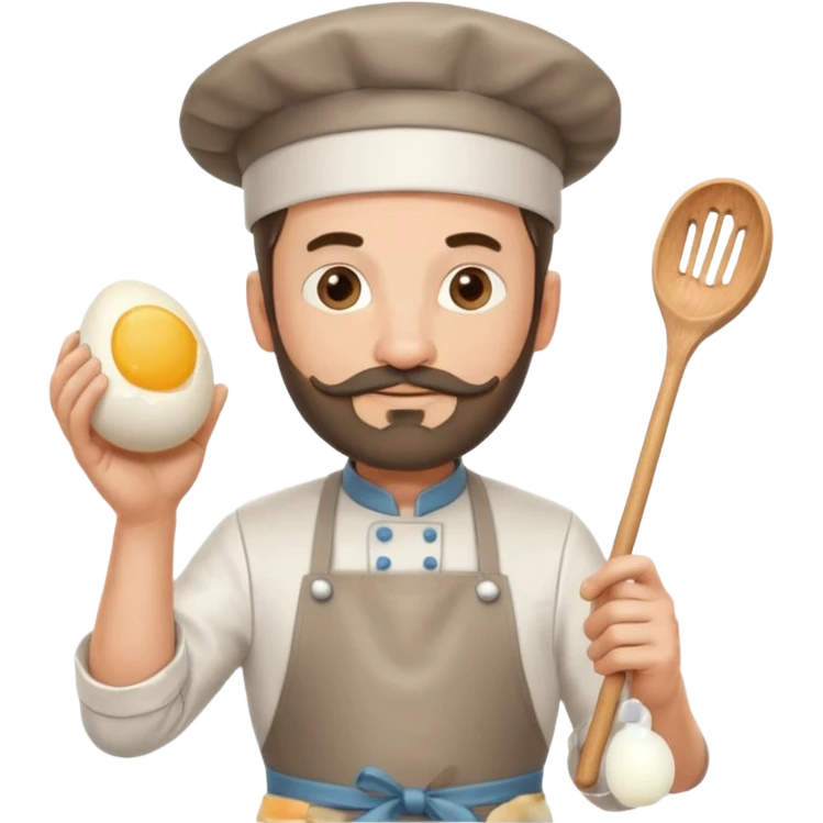 Middle aged male pastry chef - with a small beard, apron, white hat, holding an egg beater in his right hand, and his left hand naturally hanging down to his side emoji