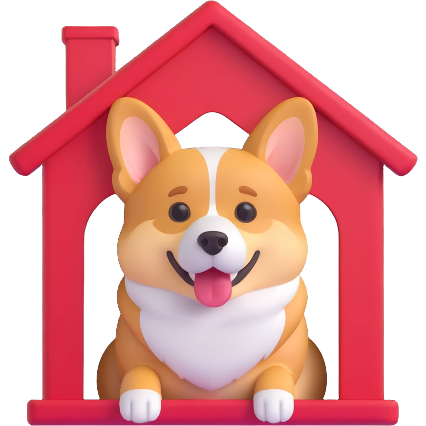 red dog house with a Corgi dog inside, Corgi peeking out, semi-realistic with emoji-like face and proportions emoji