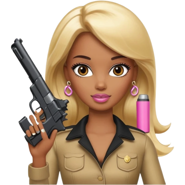 Brown skin blonde hair barbie with black gun emoji