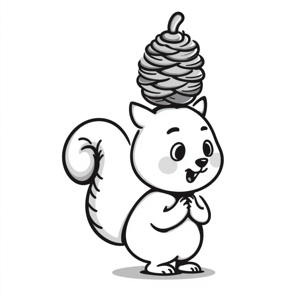A greedy little squirrel with a large pine cone balanced on top of its head, making a strange, creepy expression emoji