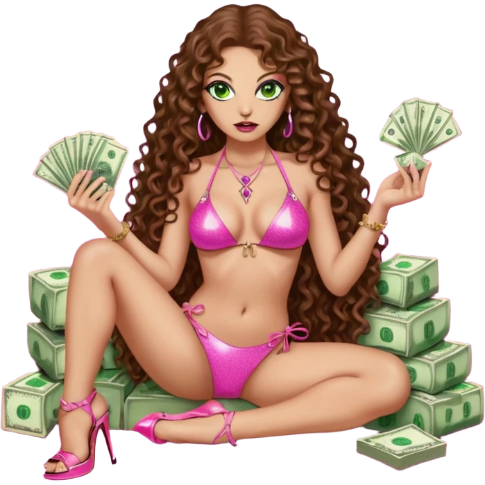 Sensual woman green eyes brown long curly hair evil occult,with 7 inch platform stripper high heels pink bikini with glitter dress, holding a wad of cash, sitting on a light skinned pimp lap emoji