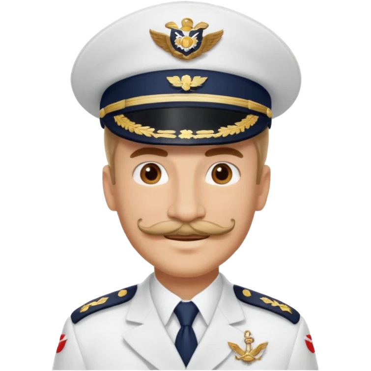 A light-skinned man with brown eyes and a mustache, smiling while wearing a white captain’s hat with a navy emblem. emoji