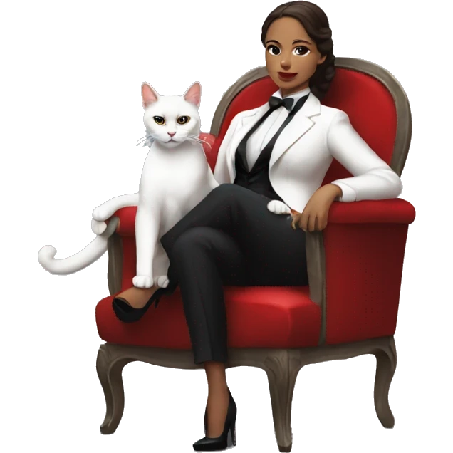 a woman cosplaying don corleone as a mafia boss sitting on a red chair petting a white cat on his lap emoji