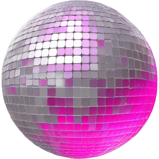 Disco ball surrounded by a gray circle (color: #848185) above it a band curved upwards and tilted in pink (color: #ef7eb0) with white lettering in the font Museo 900 "Pink Orbit" emoji