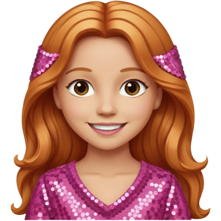Carrie White with light skin, long reddish blonde hair, pink sequin outfit emoji