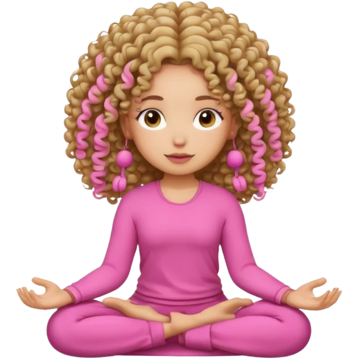 curly hair girl doing meditation wearing pink emoji