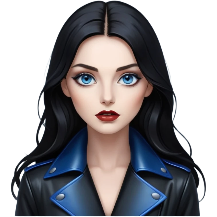 A portrait of a woman with deep blue eyes, long dark hair, and high-fashion makeup. She’s dressed in a glossy, black leather coat, with a captivating, almost hypnotic expression, against a dimly lit, foggy background that adds to the mystery emoji