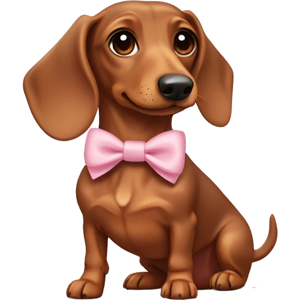Brown dachshund with a light pink bow and a collar named “Emma” emoji