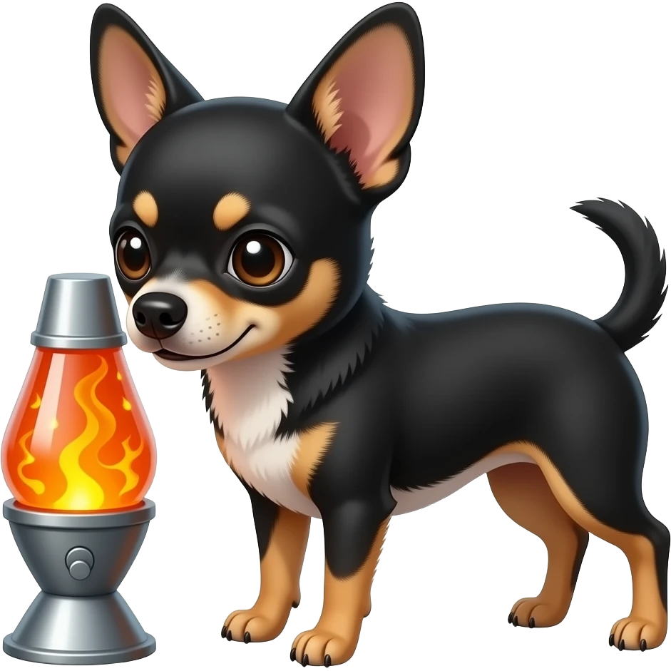 All black chihuahua interacting with orange lavalamp dog toy emoji