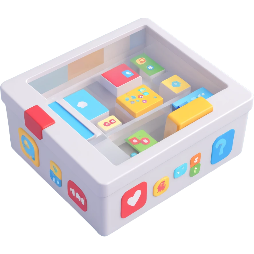 modern 3D gadget box reminiscent of Etch A Sketch, transparent window showing stickers being printed inside, few stickers coming out, bright, techy, fun emoji