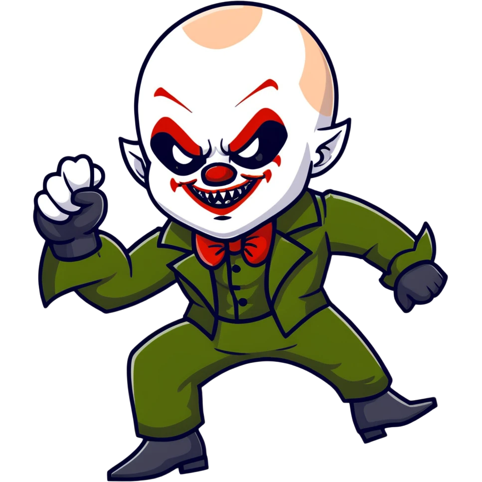 evil clown warrior, bald, small black satan-like horns on forehead, fangs, pointed ears, black and military green leisure suit with bellbottom pants, realistically proportioned, less bulky, full body, battle-ready fighting posture emoji