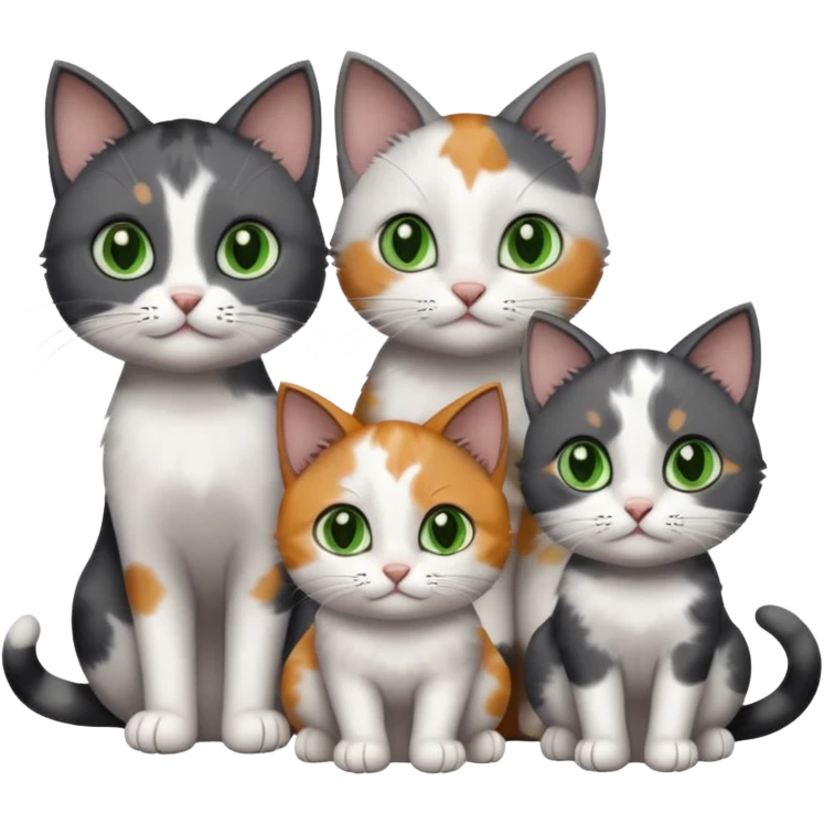 3 different coloured small cats including a dark grey and white, and a patchy calico with hazel eyes and a completely solid dark grey with green eyes and only white paws emoji