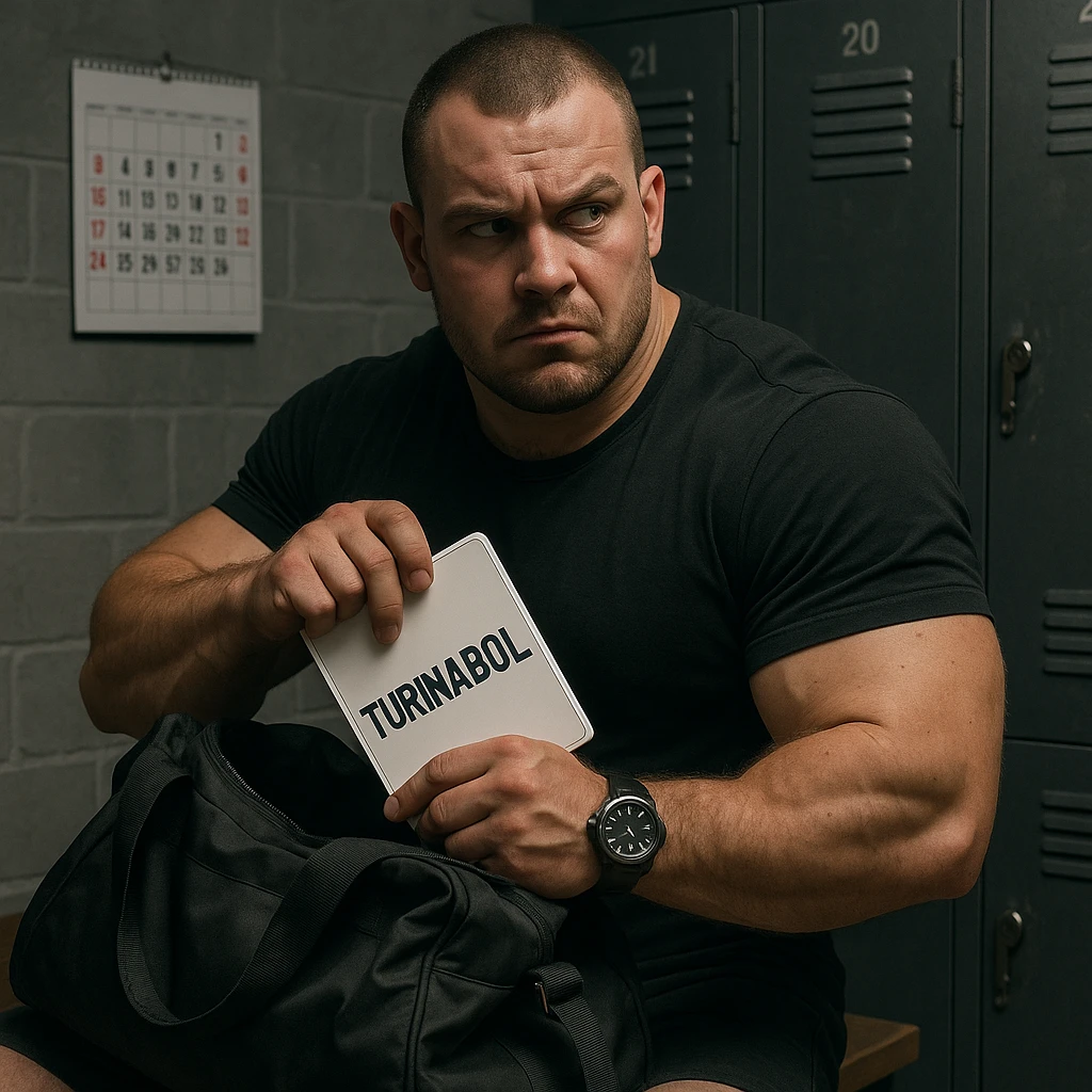 European powerlifter in locker room hiding a tablet labeled 'TURINABOL' in a gym bag, suspicious expression, visible watch and calendar, secretive atmosphere, realistic details emoji