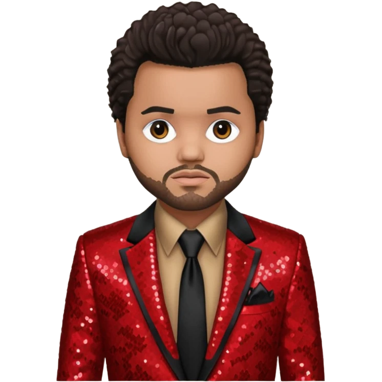 The Weeknd with dark brown hair, red sequin suit jacket, black shirt with tie emoji