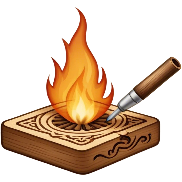 Pyrography icon, wooden surface with intricate burn marks, detailed patterns being burned into wood with a pyrography tool, smoke rising, minimalistic style, clean lines, transparent background. emoji