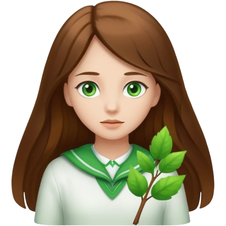 Girl with long brown hair and green eyes and a white ahirt emoji
