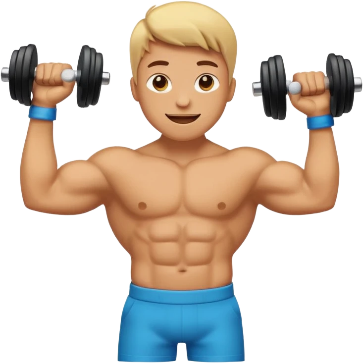 An energetic, emoji-style character flexing his bicep while holding a dumbbell, surrounded by a fun, celebratory vibe like 💃🎉🎊. Bright colors, bold expressions, simple rounded shapes, and a lively, upbeat atmosphere emoji