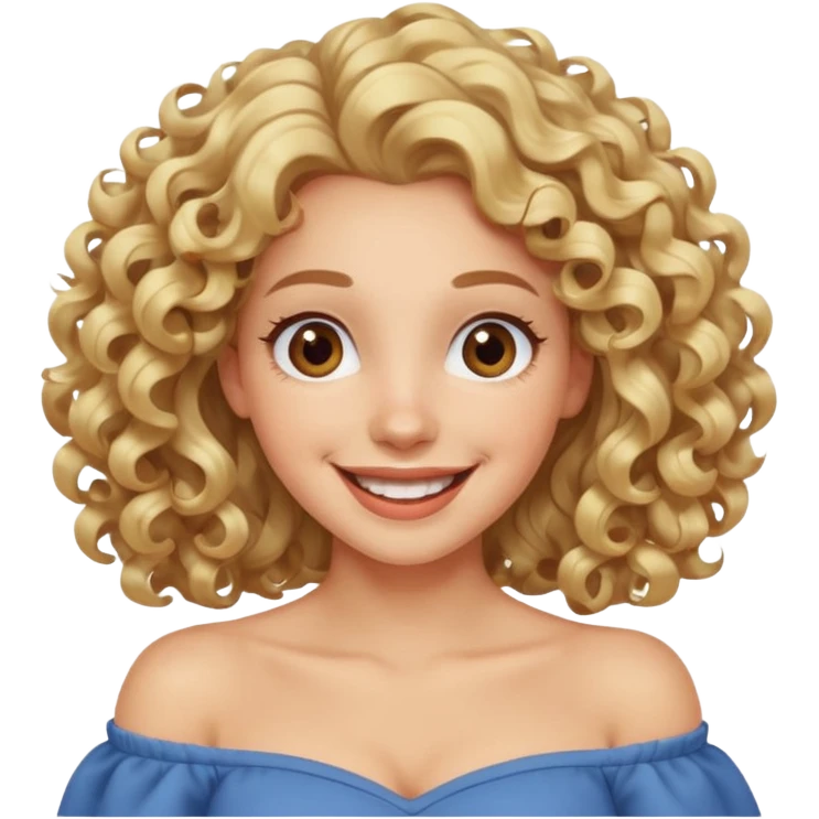happy excited woman with curly long blond hair, brown eyes, wearing an off-shoulder top,  emoji