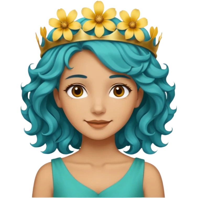 A woman with wavy teal-blue hair styled in loose curls. Her hair is adorned with large golden-yellow flower petals that resemble a crown. She has soft brown eyes, smooth skin, and a small friendly smile on her face. emoji