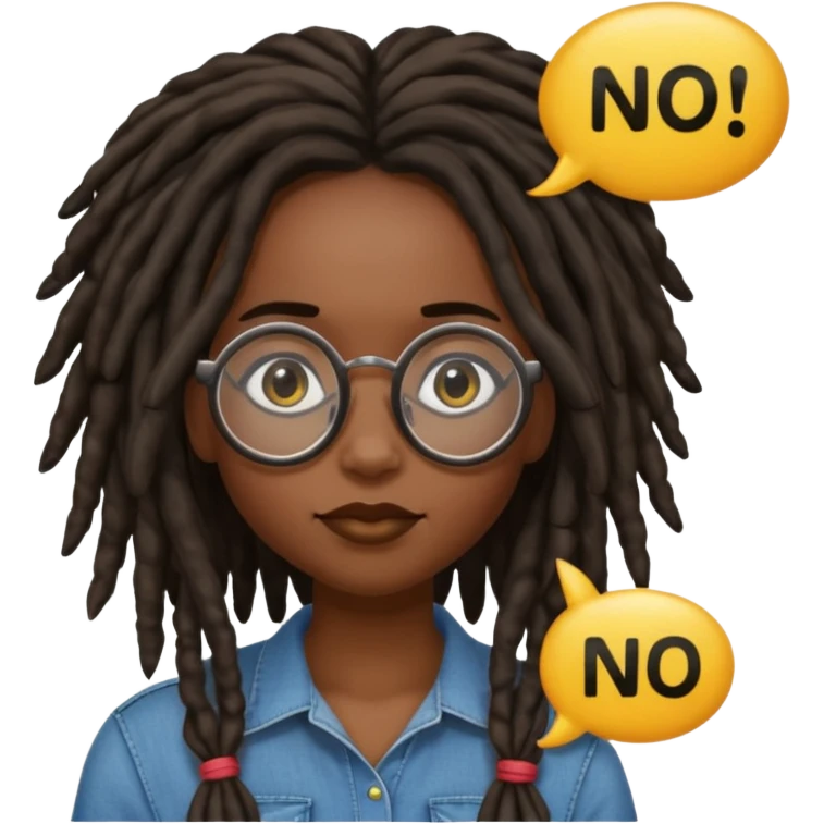 darker skin female with dark dreadlock hair wearing large round glasses with a word bubble that says no emoji