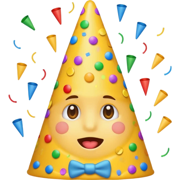 shushing emoji with a cone party hat, confetti around, cheerful expression emoji