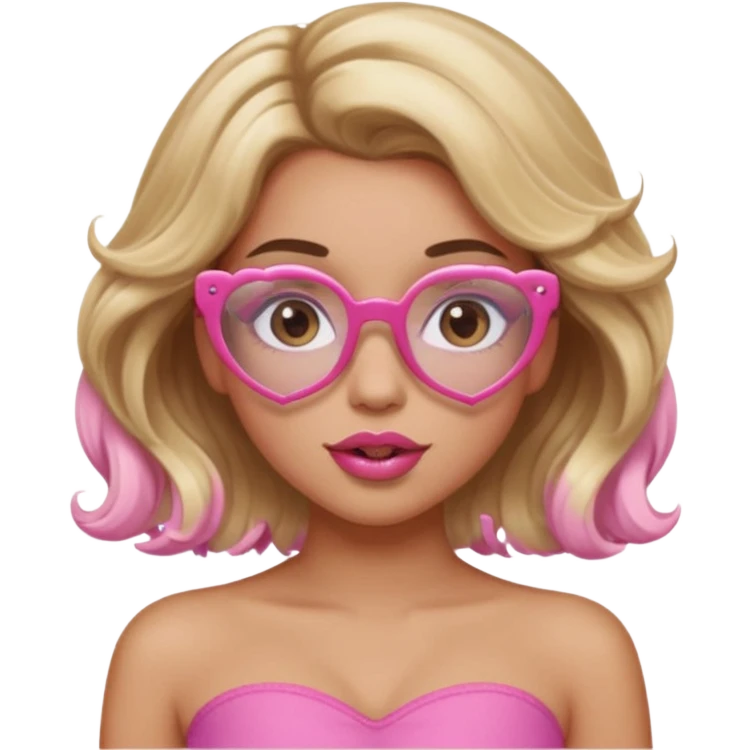girl with light tan skin, wavy 2B hair in brown and blonde, wearing a pink tube top, long eyelashes, heart-shaped lips, clear pink glasses emoji