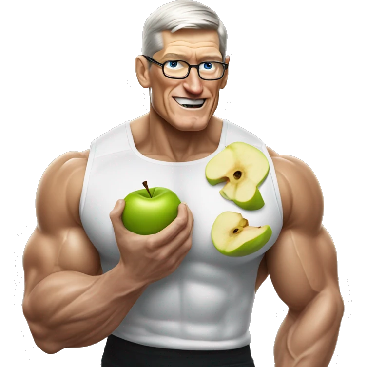 Tim cook bodybuilder eating a bitten apple emoji