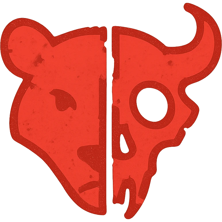 an extremely minimalist red icon of half stoat face merged with half minotaur skull, with deliberately broken and incomplete outlines, weathered appearance like old parchment, parts of the design missing or faded away, sparse details but still recognizable, fully red with distressed texture emoji