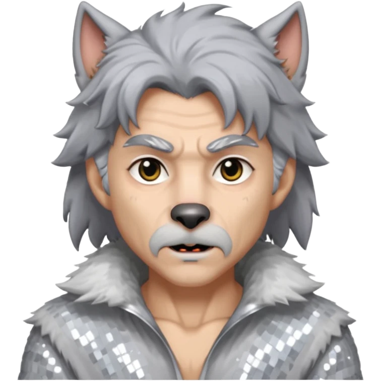 The Werewolf with grey hair and fur, white sequin outfit emoji