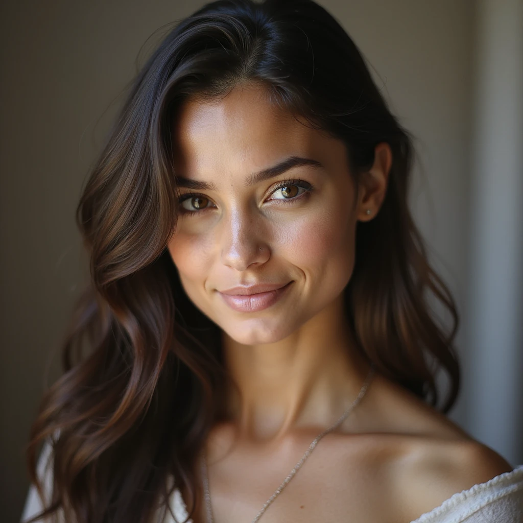 realistic portrait of a girl resembling Adriana Lima, photorealistic style, soft lighting, gentle smile emoji