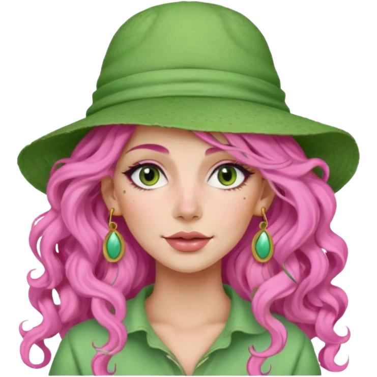 pink haired very long curly haired woman with full full face light green clay mask  and big earrings and hat emoji