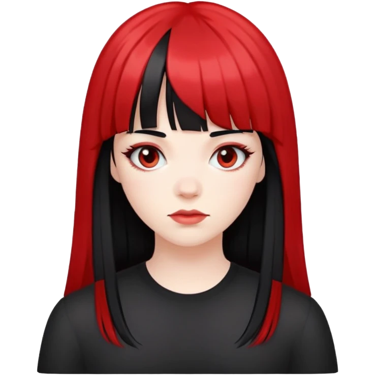 Pale girl with all black hair and bangs, but two strips of red hair on the side emoji