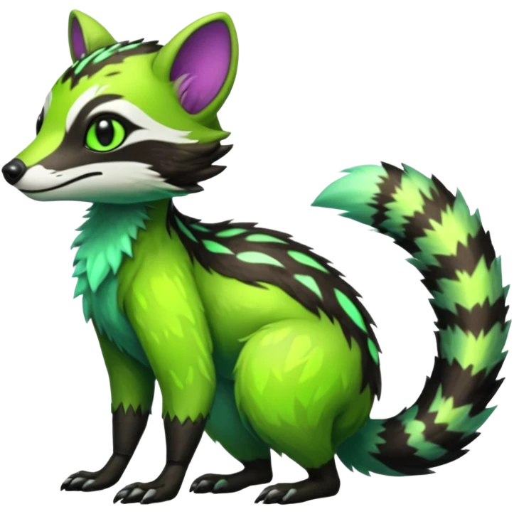Iridescent Neon Green Civet-Numbat-Sergal-fusion-hybrid-animal-creature, full body emoji