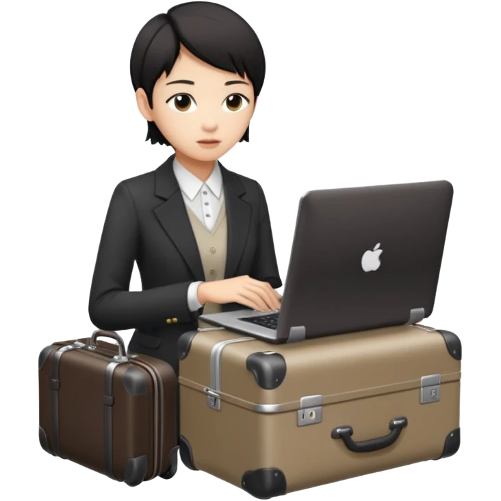 페르소나 요약 : 교환학생을 준비하는 대학생
동양인 중성 20대의 상반신, 노트북을 보고 있으며 옆 한켠에는 캐리어가 함께 준비되어 있어요. emoji