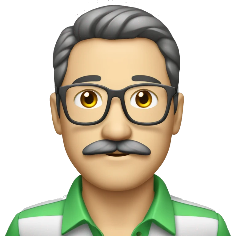 señor sin bigote con cabello corto, cabello color gris, camisa blanca de vestir y lentes verdes de aumento  emoji