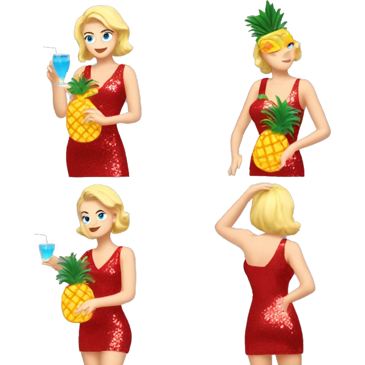 blonde white woman with blue eyes dancing in short red sequin dress while drinking pineapple cocktail emoji