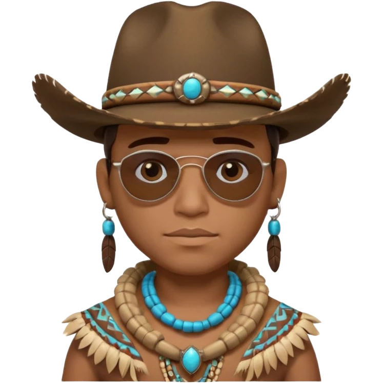 cute Indigenous tribal male portrait, head and shoulders only, cowboy hat, sunglasses, tribal jewelry, confident expression, 3D cartoon, mobile game icon style, clean background, no text, no watermark
 emoji