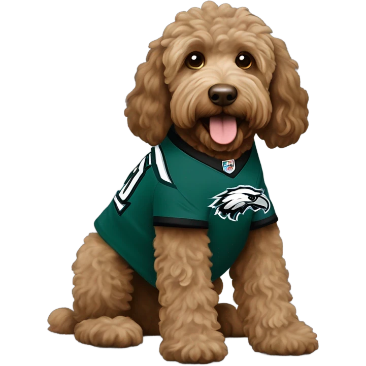 brown Labradoodle wearing a Philadelphia eagles shirt emoji