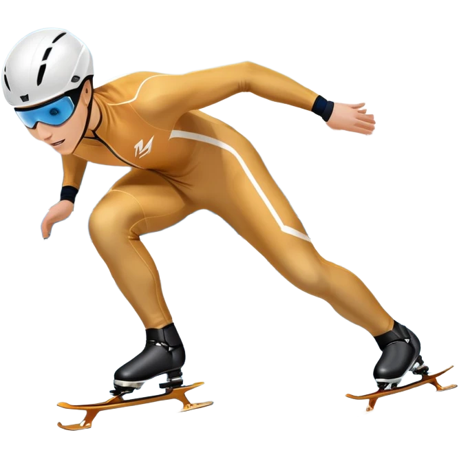 An icon showing a grand arena, snow-covered mountains in the distance, and a crisp blue sky with professional speed skater leaning into a turn on a polished ice track, dressed in a sleek suit and helmet. Transparent background highlights speed and precision. emoji