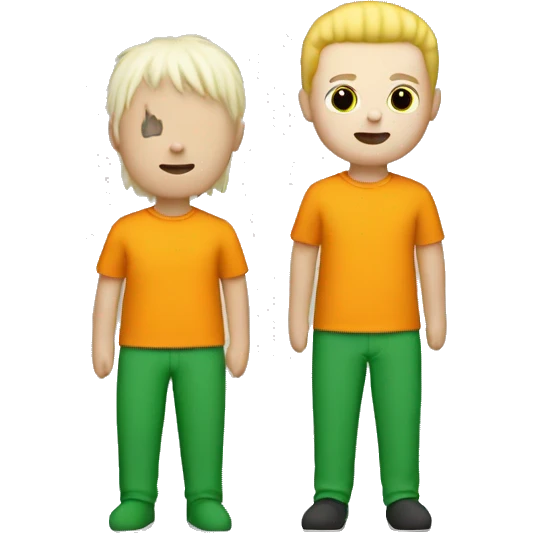 white ragdoll with orange shirt, green pants, and short, yellow hair. No eyes, nose or mouth. No shoes. emoji