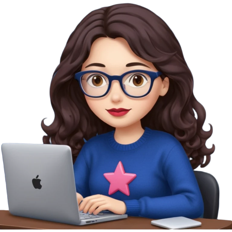 a white young woman with very long wavy dark brown/chocolate hair typing in a computer. she's using glasses, her lips are light red and her cheeks slightly pink. Her eyes are dark brown. She's using a dark blue knit sweater that has a tiny star in the middle   emoji