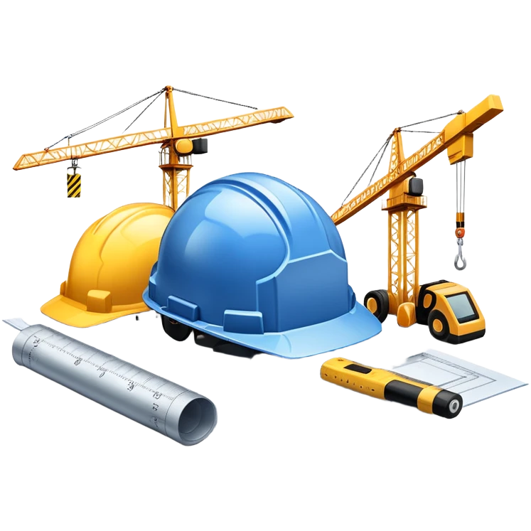 An icon featuring a blueprint, a hard hat, and a measuring tape, symbolizing architecture and construction. The design includes a building silhouette, cranes, and construction tools, representing the planning, design, and building processes. Transparent background. emoji