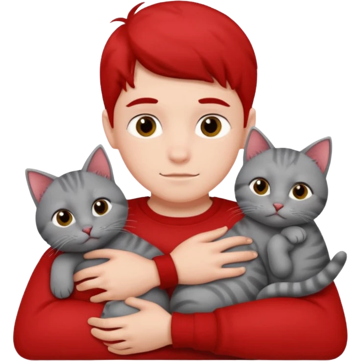 Make 20 gray cats cudling a kid that’s a boy wearing all red  emoji