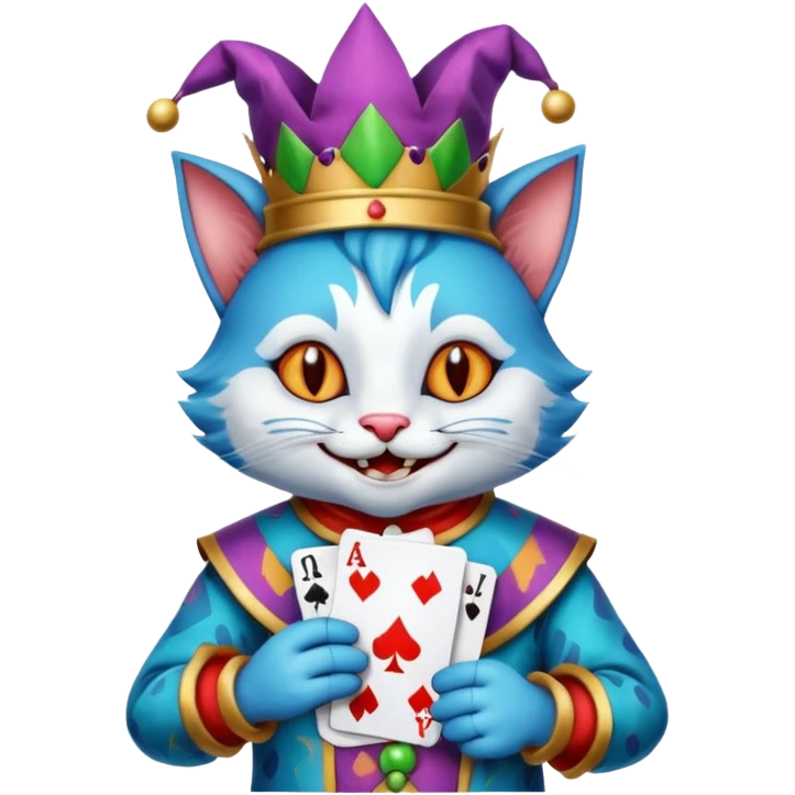 crazy colorful cute little cat jolly joker from poker, medieval, vintage, court jester, mac os icon, blue color, holds poker cards (clearly detailed and precise) emoji