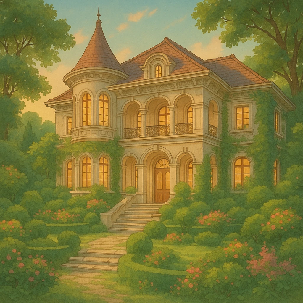 luxury dream house, elegant architecture, lush garden, soft lighting, ghibli style emoji
