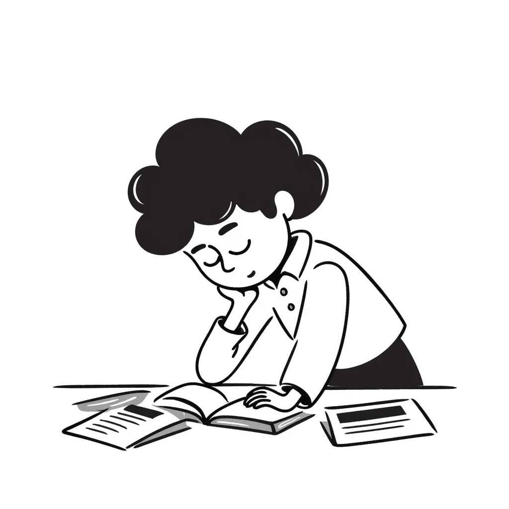 Girl student with messy hair studying hard for exam with papers spread out emoji