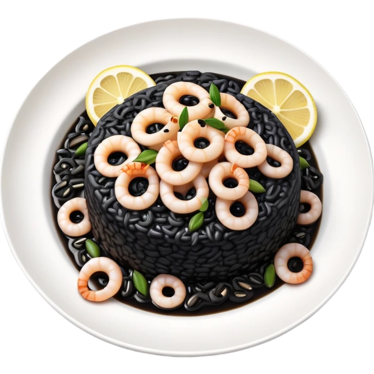 cinematic-realistic-black-risotto-dish,-showcasing-small squid pieces-rendered-with-bold-textures-and-dynamic,-dramatic-lighting in a white plate with a grilled lemon on top emoji