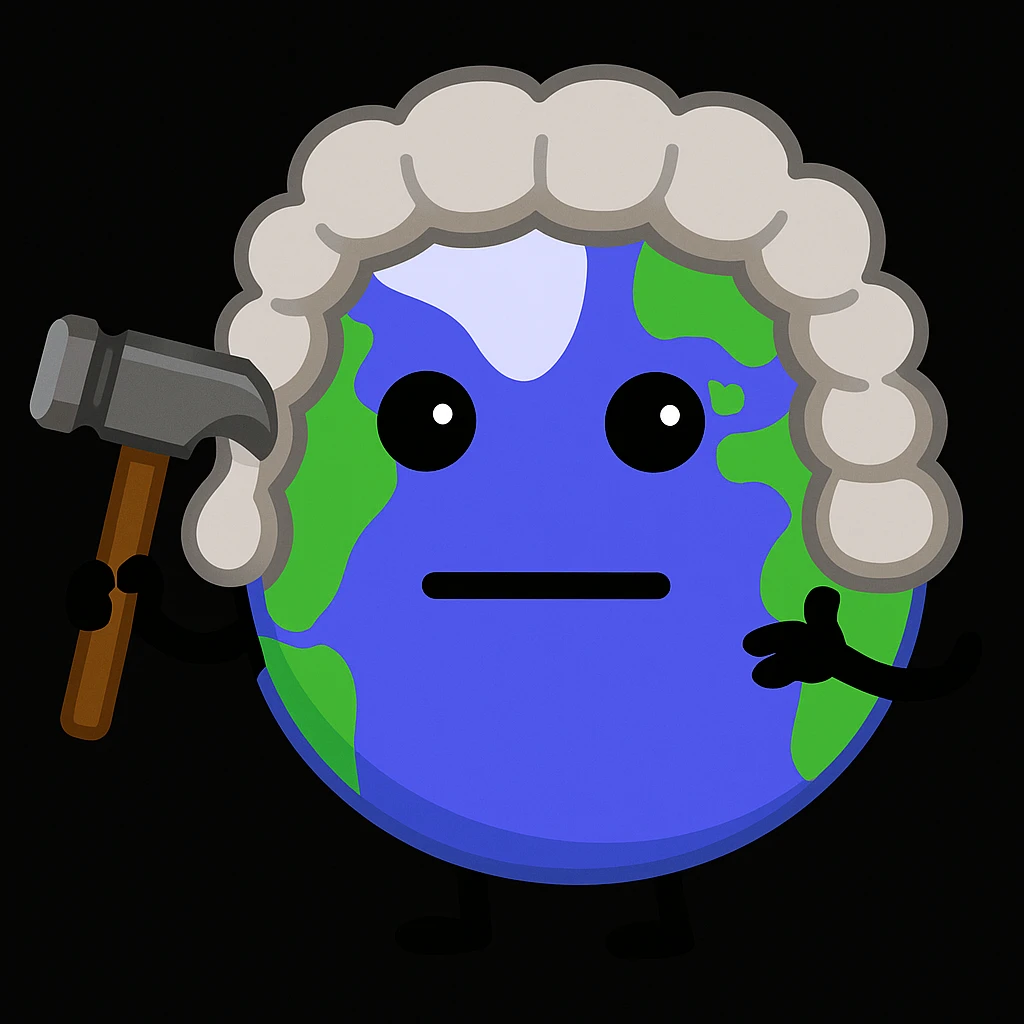 Improve the hammer to look more detailed and add a traditional judge's wig onto the character, keeping the same simple cartoon style as the original image. emoji