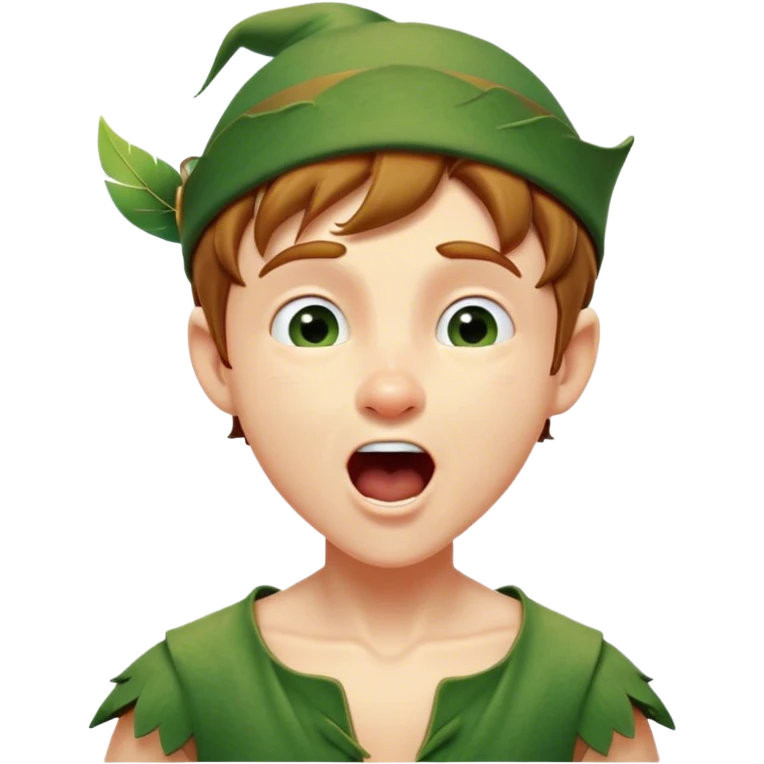 Cinematic Realistic Peter Pan Portrait, head tilted slightly with a dramatic, wide-open yawn, revealing a relaxed yet spirited expression. His detailed tunic and cap, paired with a gentle, ambient glow, capture a tender moment of vulnerability amidst his eternal quest for adventure. emoji